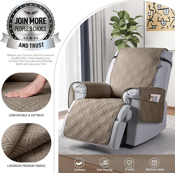 TAOCOCO 100% Waterproof Recliner Chair Covers, Non Slip Recliner Covers for Recliner Chair with Pocket, Washable Reclining Chair Cover Furniture Protector for Kids,Dogs(25'', Gray Taupe)