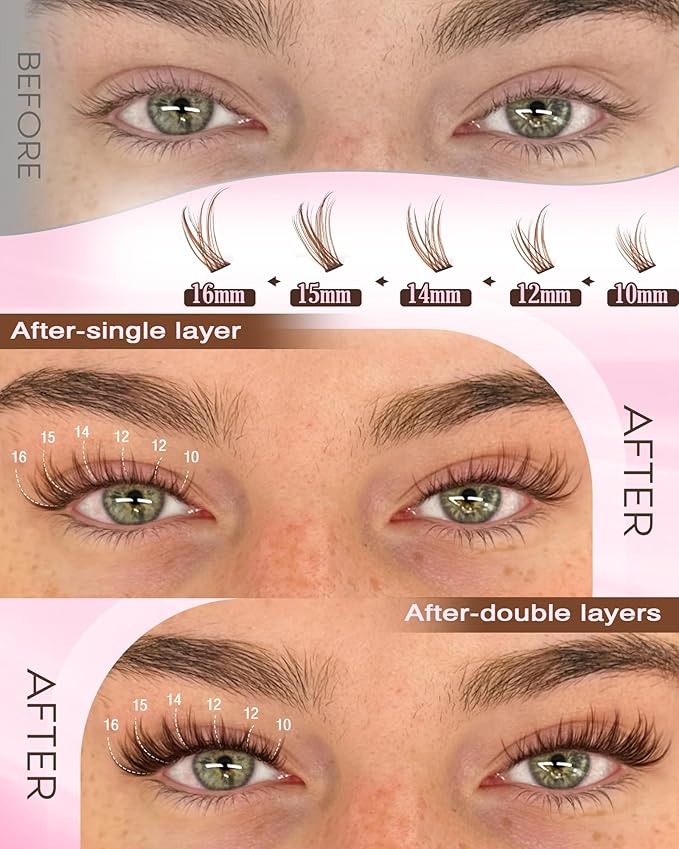 Brown Lash Clusters Kit Natural 300Pcs Wispy Lashes Cluster Eyelash Cluster Extensions Kit C Curve Individual Lashes Extensions Kit For DIY Waterproof & Long - Lasting (Light Brown10-16mm)