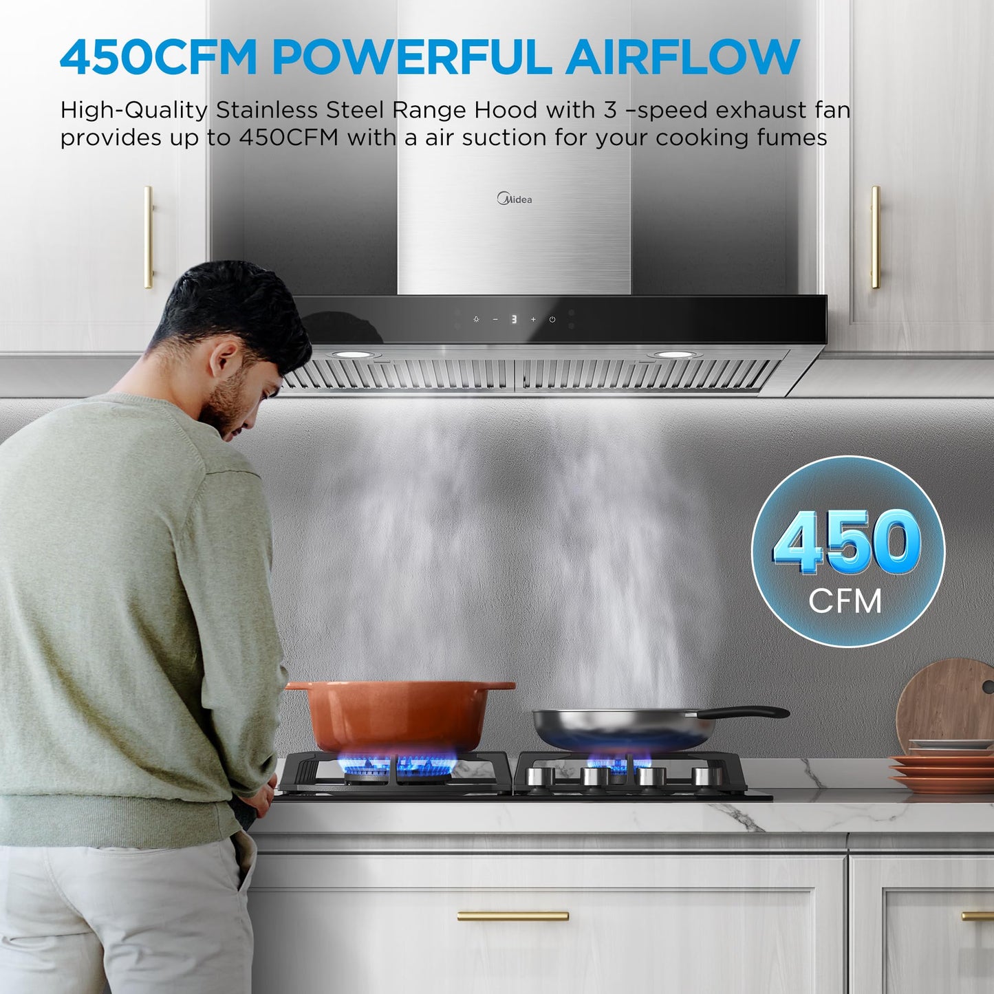 Midea MVT30W9AST Range 30 Inch 450CFM Vent T Shape Stove Hood with 5-Layer Aluminum Permanent Filters Kitchen Exhaust Fan, Ductless Convertible, 3 Speed, Stainless Steel