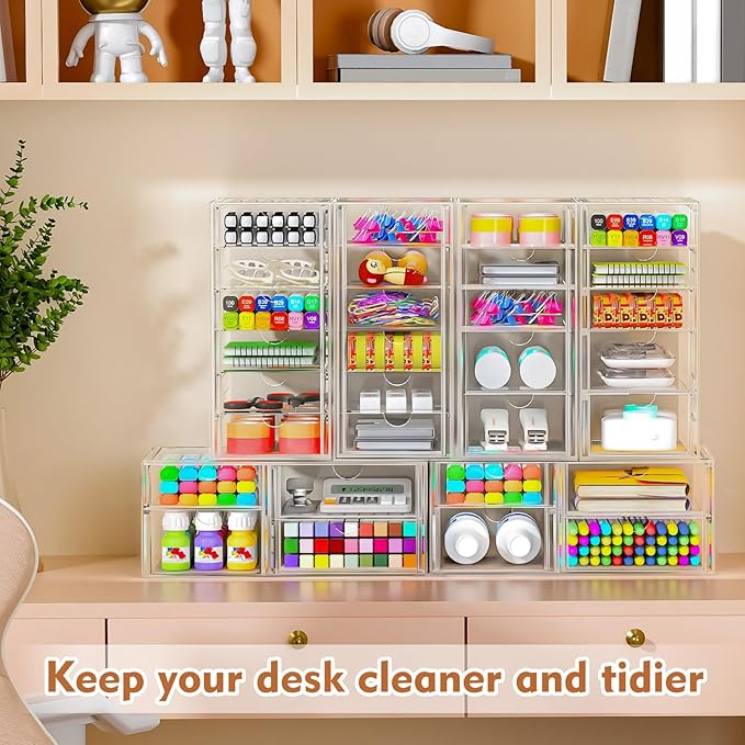 30 Drawers, Acrylic Desk Makeup Organizer, Plastic Drawers Organizer, Stackable Storage Solution for Makeup, Dresser, Office, Bathroom Clear Plastic Craft and Bead Storage Cabinet