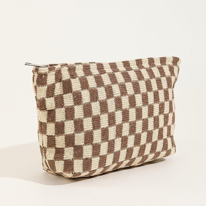 Cosmetic Bags for Women - Corduroy Cosmetic Bag Aesthetic Women Handbags Purses Smile Dots Makeup Organizer Storage Makeup Bag Girls Case Bags (Q-Checkered Khaki)