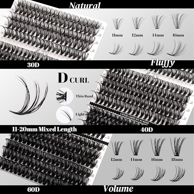 Lash Clusters 320pcs Individual Lashes 30D&40D&60D DIY Lash Extensions Lash Clusters False Eyelashes Natural Look 11-20mm Mix Cluster Eyelash Extensions EASY TO USE (30D+40D+60D-0.07D)