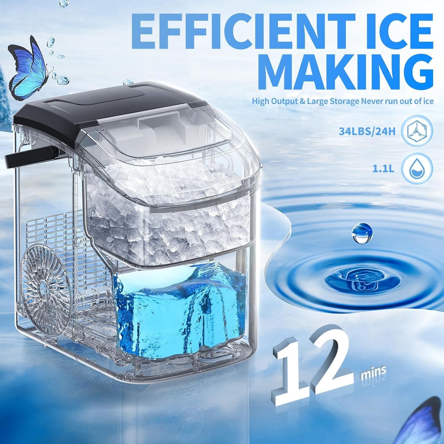 Nugget Countertop Ice Maker with Soft Chewable Pellet Ice, Pebble Portable Ice Machine, 34Lbs/24H, Self-Cleaning, Sonic Ice Maker, One Button Operation, for Kitchen,Office Stainless Steel Silver