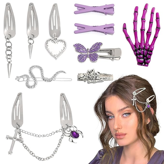 10PCS Y2K Hair Clips Purple Punk Hair Snap Clips Pastel Goth Dangle Spider Skeleton Cross Ghost Snake Halloween Hair Accessories for Women Girls
