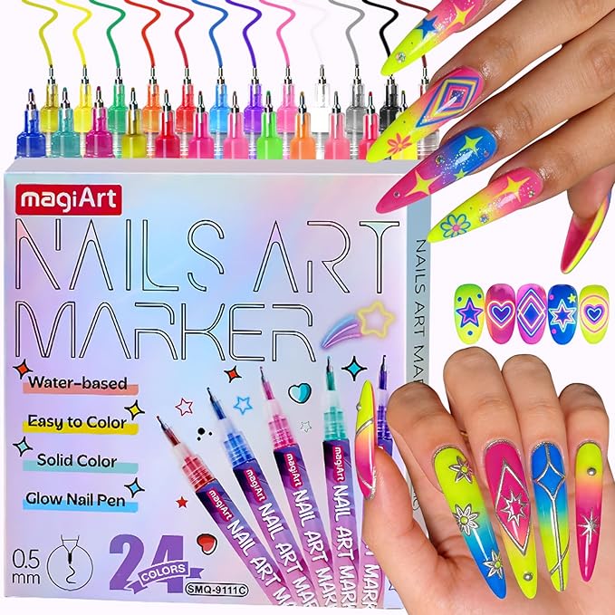 24 Color Nail Art Pens, Classic & Neon Nail Markers Set 0.5 MM Fine Tip Nail Polish Pens Drawing Painting Point Liner Painted Pen Kit, Waterproof DIY Nails Art Design Manicure Tools
