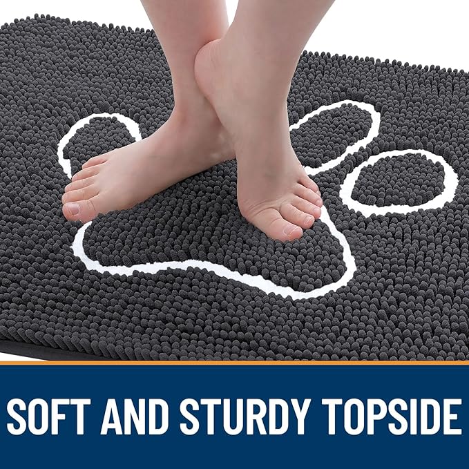 OLANLY Dog Door Mat for Muddy Paws 36x24, Paw Print Design, Absorbs Moisture and Dirt, Absorbent Non-Slip Washable Doormat, Quick Dry Chenille Mud Mat for Dogs, Entry Indoor Entryway Carpet, Dark Grey