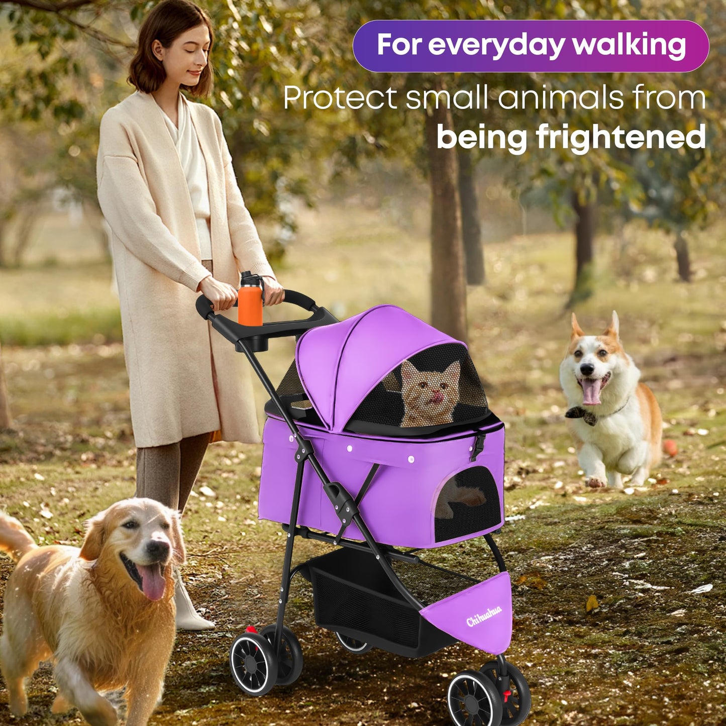 Pet Stroller,Dog Stroller for Small Medium Dogs Cats,3 Wheels,Foldable,with Breathable Mesh Canopy,Cup Holders,Easy Assembly,Purple