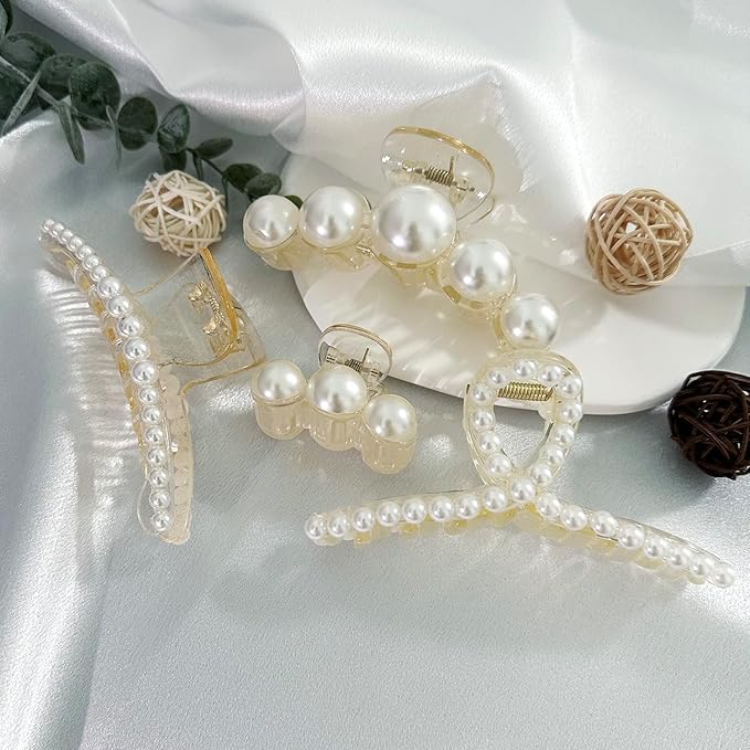 Mehayi 4 PCS Large Pearl Hair Claw Clips for Women Girls, Hair Barrette Clamps for Thick Thin Hair, Fashion Hair Accessories Headwear Styling Tools for Party Wedding