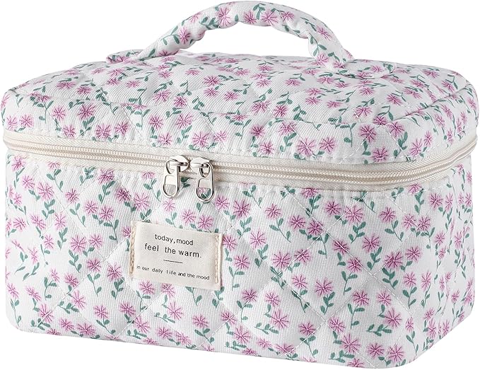 uekeboag Large Travel Quilted Makeup Bag for Women, Floral Cotton Cosmetic Bag, Coquette Aesthetic Floral Toiletry Organizer Bag