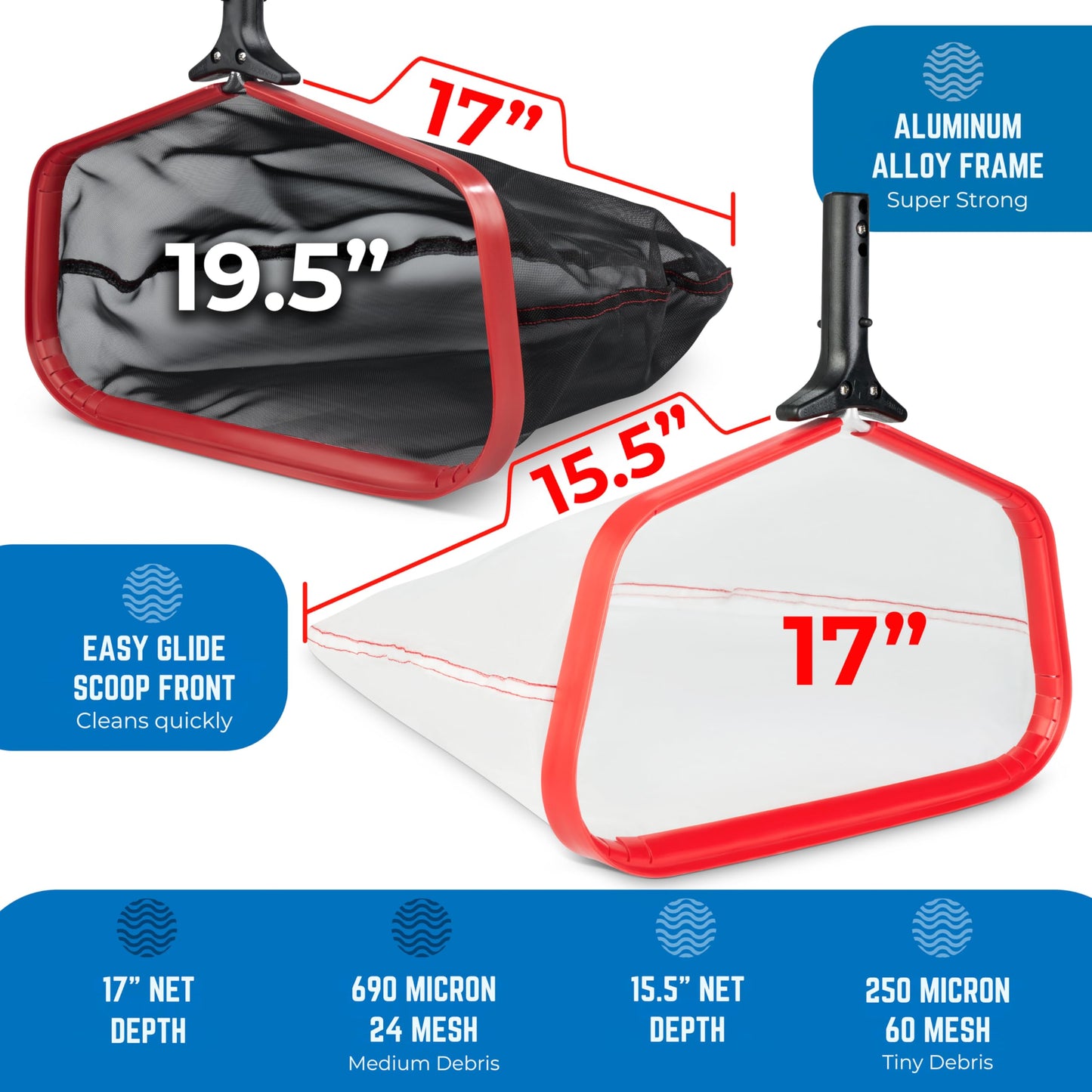 ProTuff 17" Silt Net Pool Skimmer for PROS – “490 Promise” Unlimited Unconditional Replacement – Ultra-Durable Ultra Fine Net for Silt – Heavy-Duty Aluminum Frame, EZ-Clip & Deep Bag for Cleaning