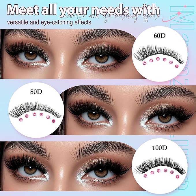 Lash Clusters Kit 708Pcs Individual Cluster Lash Extensions Kit 30D+40D+50D+60D+80D+100D Wispy Eyelash Clusters with Lash Bond and Seal and Tweezers 10-16mm 6 Styles Mix Lashes Clusters Kit