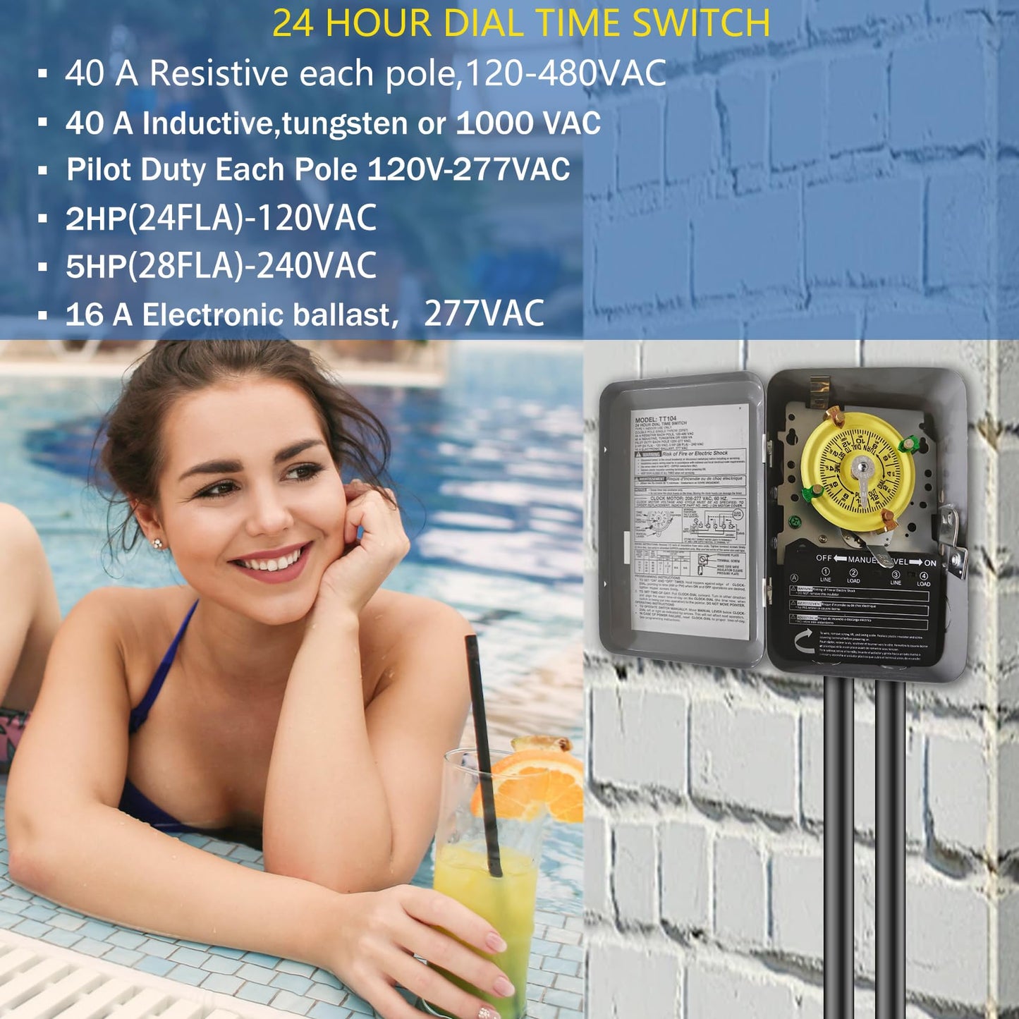 T104 Mechanical Timer Switch, 208–277 VAC 40 Amp,Pool Pump Switch, 24 Hour 12 ON/Off for Pump, Heavy Duty Pool Timers Outdoor, Timer for Lights HVAC Systems, 5 Years Warranty