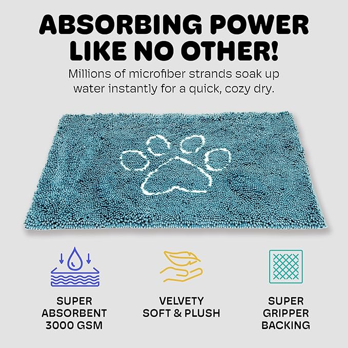 Dog Gone Smart Dirty Dog Doormat - Fast Drying Rug with Super Gripper Backing for Clean Floors - Super Absorbent Microfiber and Machine Washable Mat for Muddy Paws - Pacific Blue