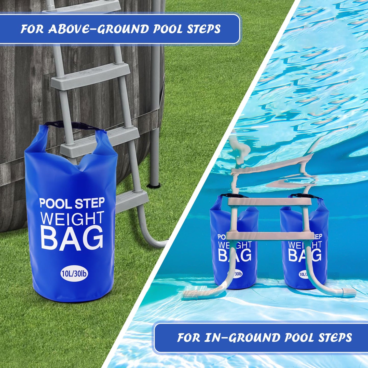 4 Pack 10L/30lb Universal Pool Step Weights 500D PVC Waterproof Swimming Pool Ladder Weights No Breaken Above Ground Pool Ladder Sand Bags, Foldable Pool Stair Weights for Pool Steps(Blue-4PCS)