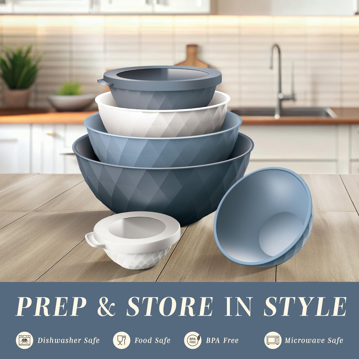 COOK WITH COLOR Mixing Bowls with Lids - 12 Piece Plastic Nesting Bowls Set includes 6 Prep Bowls and 6 Lids, Diamond Design - Microwave Safe (Mint)