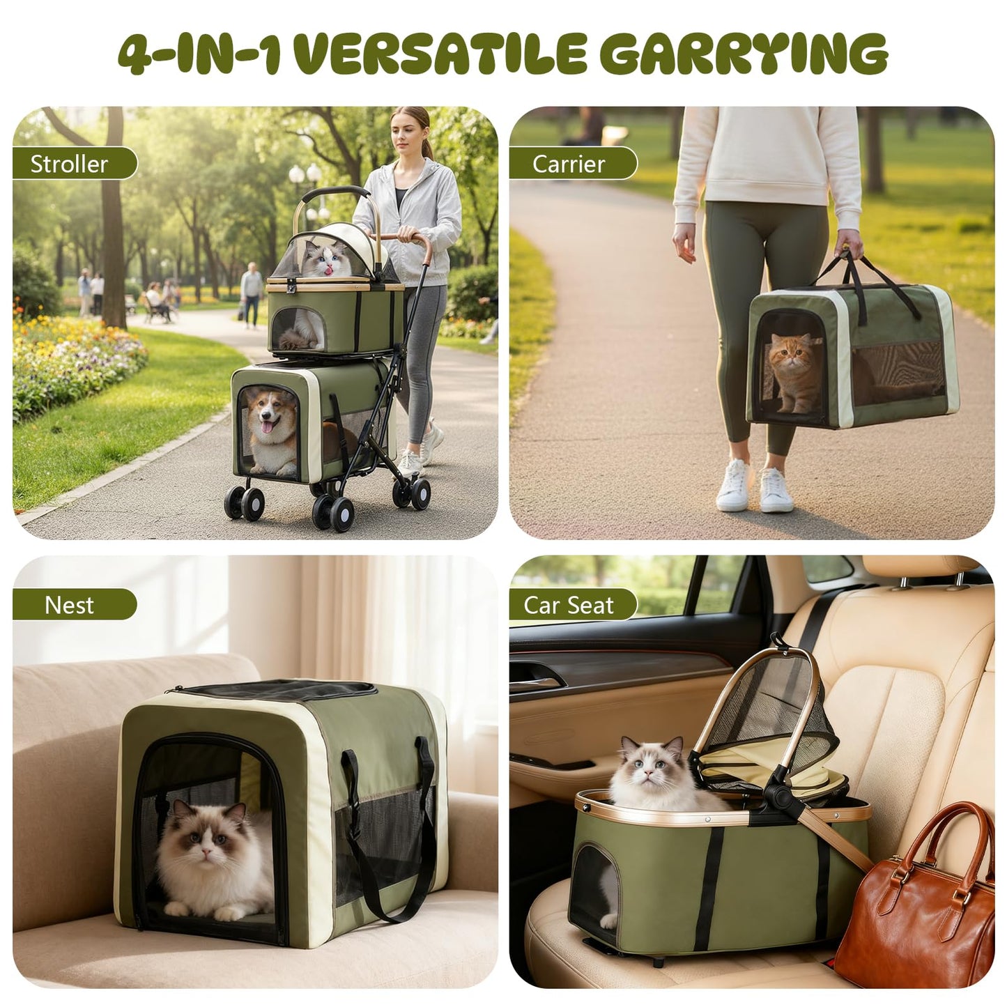 Beuway Double Pet Stroller for Dogs and Cats, One-Step Folding Dog Stroller Travel Carriage for Small Medium Dogs Cats, 2 Detachable Carrier Bags, 4 Lockable Wheels (Army Green)