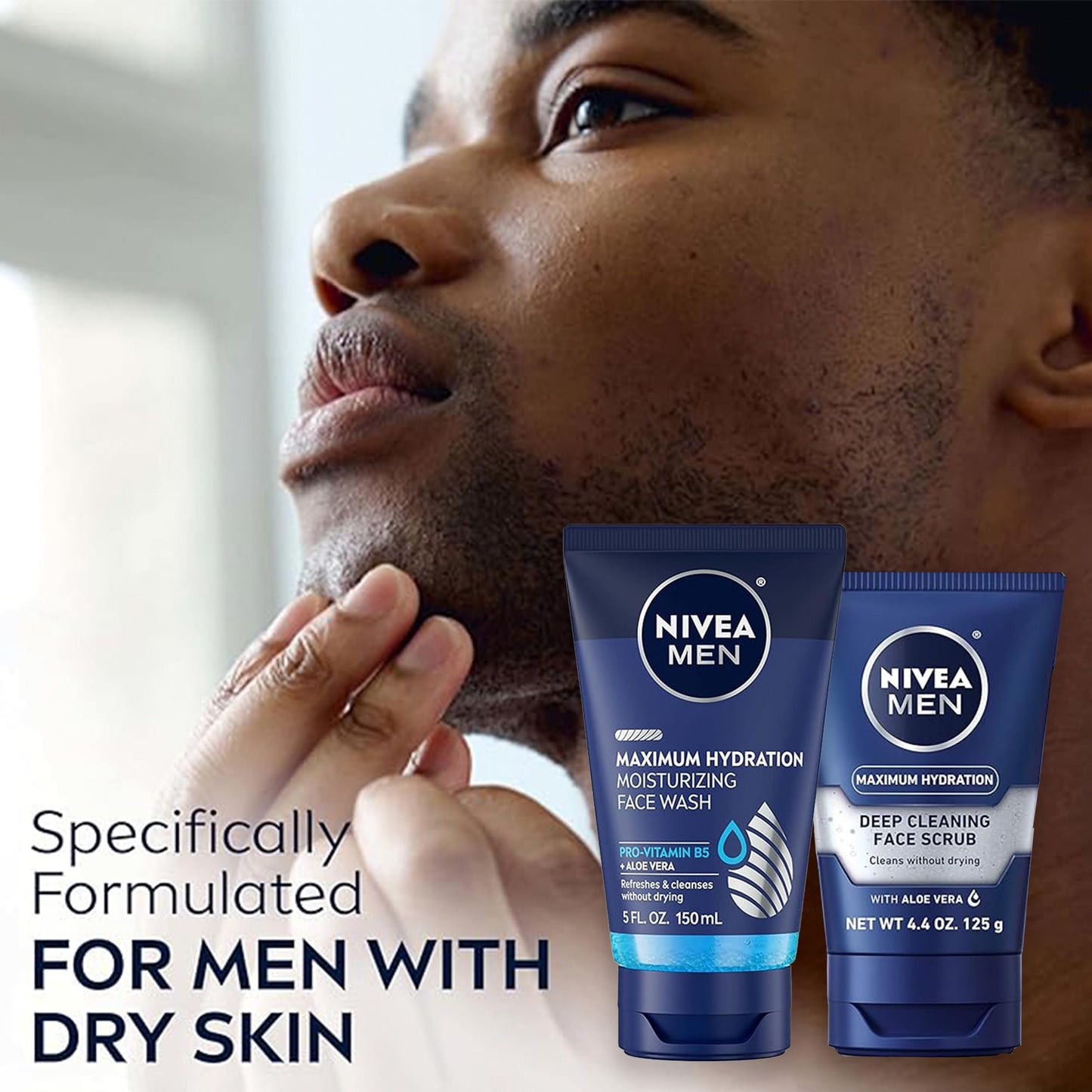 NIVEA MEN Maximum Hydration Moisturizing Face Wash (5 Fl Oz) + Maximum Hydration Deep Cleaning Face Scrub (3 x 4.4 Oz), Skin Care Set for Men with Aloe Vera