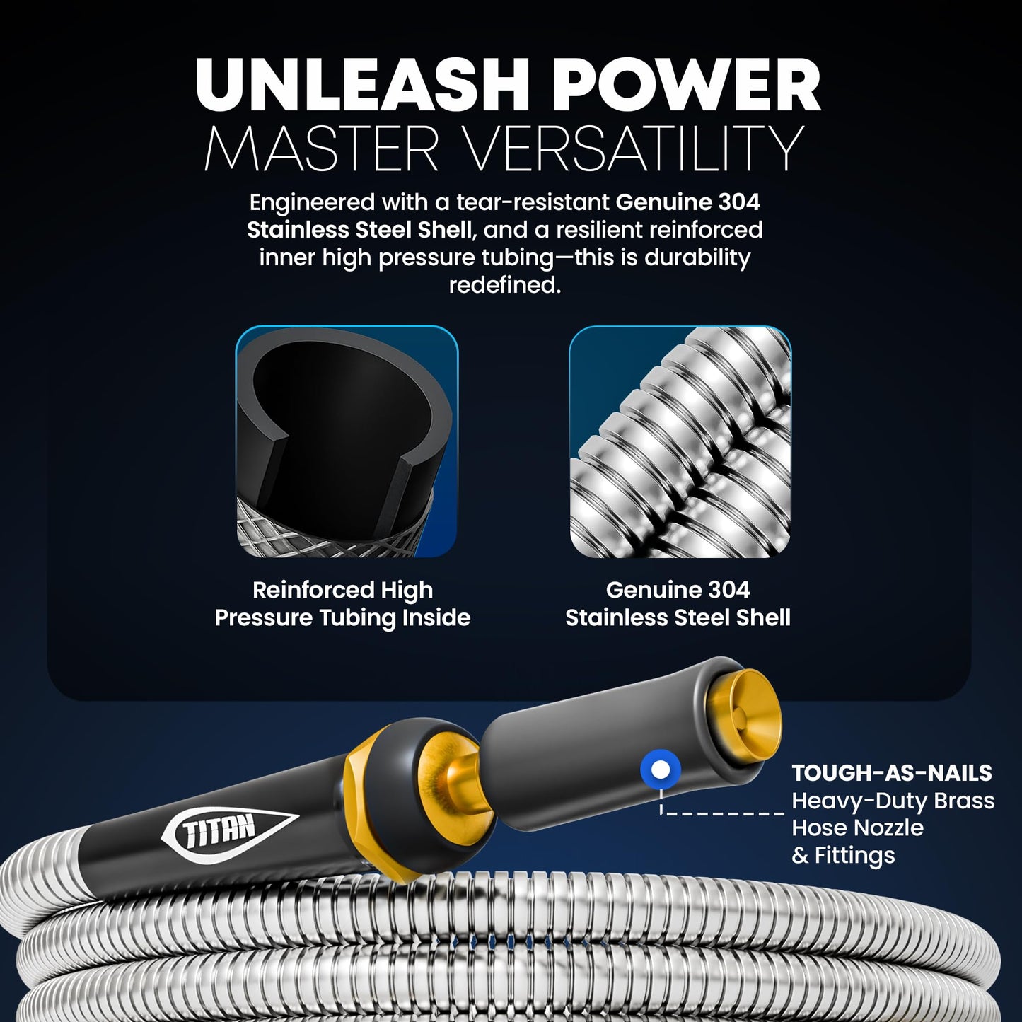 TITAN Garden Hose 100FT - 304 Stainless Steel Metal Water Hose, Flexible, Kink-Free, Lightweight, Durable, Crush Resistant Fittings, Easy to Coil, 500 PSI