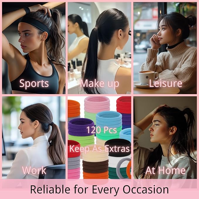 LuSeren 120PCS Colorful Hair Ties for Women Ã¢ÂÂ Soft Seamless Nylon Ponytail Holders, No Damage Fabric Hair Elastics for Thick Hair & Daily Matching