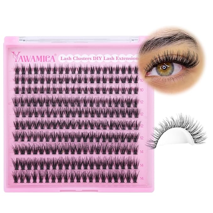 Yawamica Wispy Lash Clusters Natural Eyelash Extension 10-14mm Fluffy Eyelash Clusters CC Curly Individual Lashes Cluster Eyelash Extensions 40D Cluster Lashes 200pcs DIY Lash Extension by Self