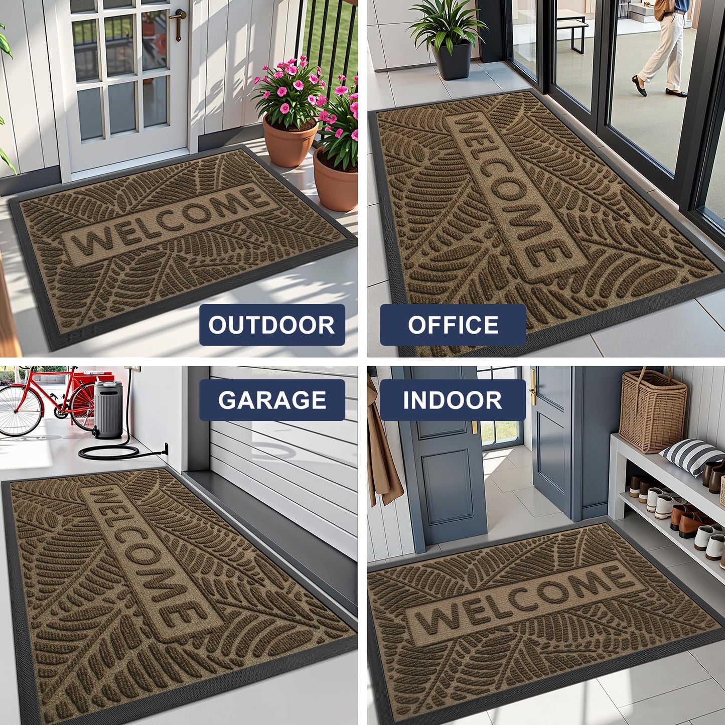 Smiry Welcome Mat Indoor Outdoor, All-Season Waterproof Front Door Mat, Sturdy Natural Rubber Doormat, Non-Slip, Easy Clean, Low Profile Dirt Trapper for Porch Patio Entrance, 59x34, Brown