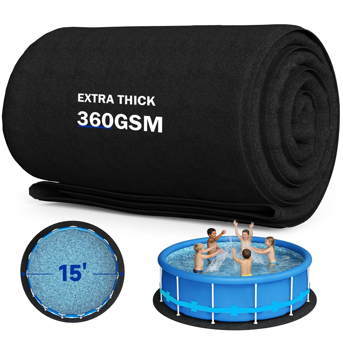 Uyittour 15Ft Round Pool Liner Pad for Above Ground Pools, 360G/M² Extra Thick Heavy Duty Under Pool Mat, Seamless Puncture Resistant Geotextile Fabric Ground Padding, Extends Liner Life, Black