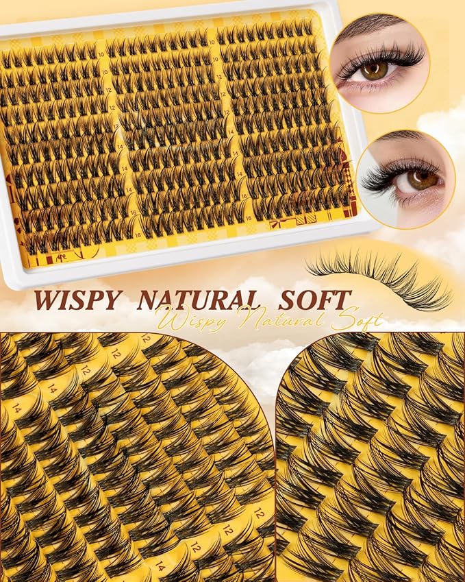 QUEWEL Lash-Clusters Kit 300PCS C Curl Wispy-Eyelash Clusters Lashes-Natural Look Cluster Lashes Extensions Kit with Lash Bond and Seal and Tweezers Natural Eyelash Clusters Use at Home (JS01-KIT)