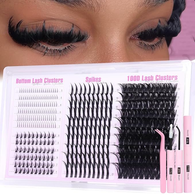 Lash Clusters Kit with Spikes Wispy Lash Extension Kit with Bottom Lashes 100D Eyelash Clusters 380PCS Volume Eyelash Extension Kit Spiky Lashes Clusters Kit with 2-IN-1 Lash Glue, Tweezers