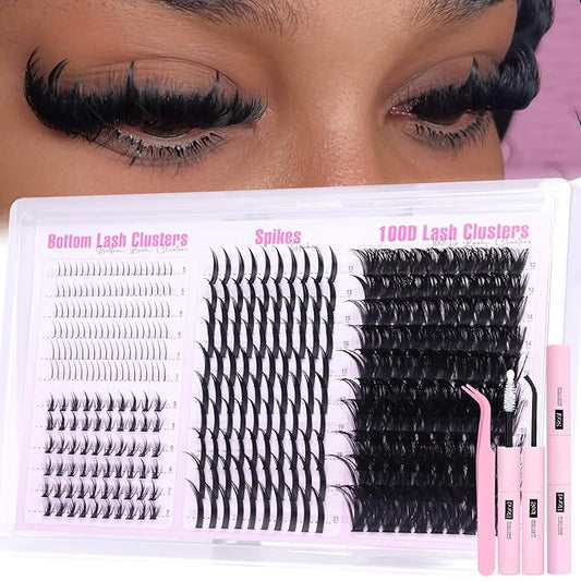 Lash Clusters Kit with Spikes Wispy Lash Extension Kit with Bottom Lashes 100D Eyelash Clusters 380PCS Volume Eyelash Extension Kit Spiky Lashes Clusters Kit with 2-IN-1 Lash Glue, Tweezers
