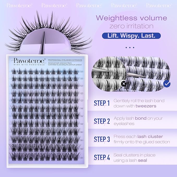 Pawotence Wispy Lash Clusters Natural Eyelash Clusters 10-18mm Fairy Lashes Cluster Eyelash Extensions 144pcs Anime Individual Cluster Lashes Wispy for DIY Lash Extension
