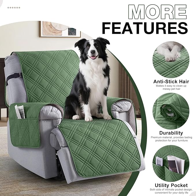 TAOCOCO Waterproof Recliner Chair Covers 30 Inch Wide, Oversized Recliner Covers for Recliner Chair with Pocket, Recliner Slipcovers with Straps Furniture Protector for Kids Pets (30'', Vine Green)