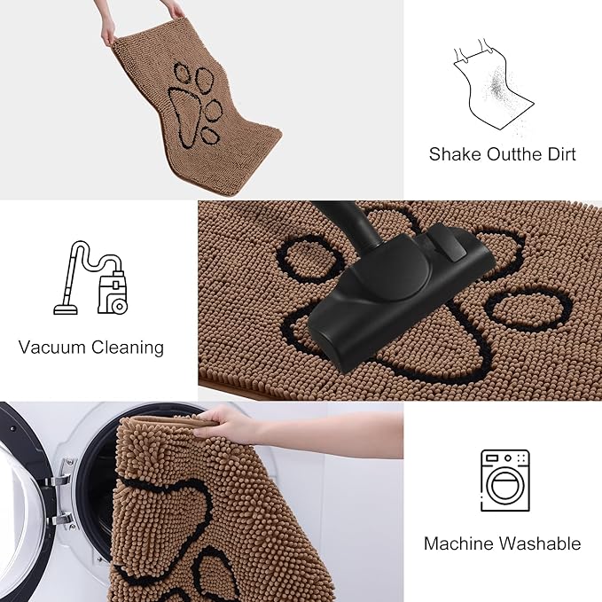 Smiry Dog Door Mat for Muddy Paws, Absorbent Dirt Trapper Non Slip Quick Dry Washable Chenille Mat for Mud Dogs, Entry Rug for Indoor and Outdoor (36x24 Inches, Coffee and Black)