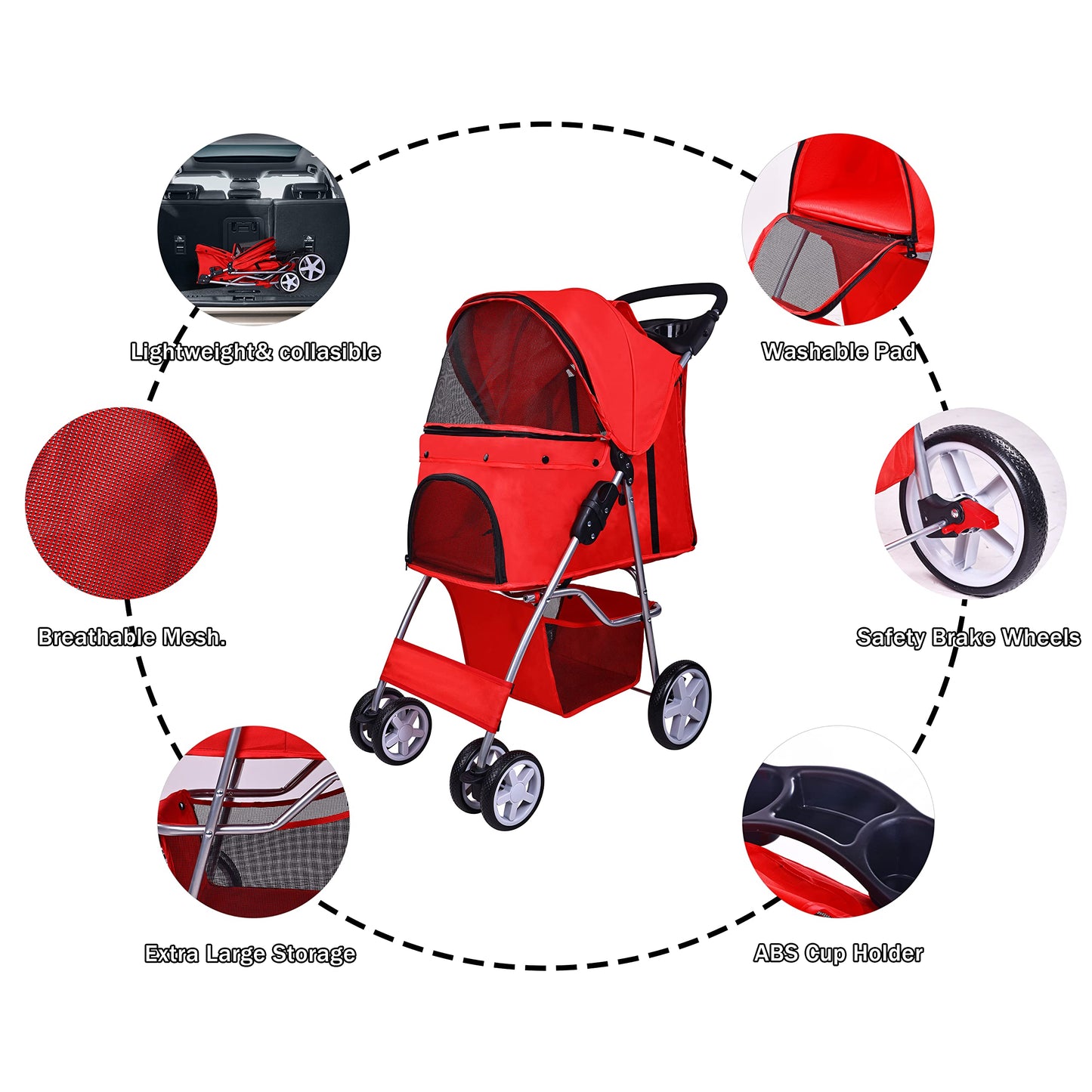 Elevon Pet Stroller, 4 Wheels Multifunction Dog Cat Stroller, Folding Portable Travel Stroller with Detachable Carrier, Suitable for Medium Small Dogs Cats, Red