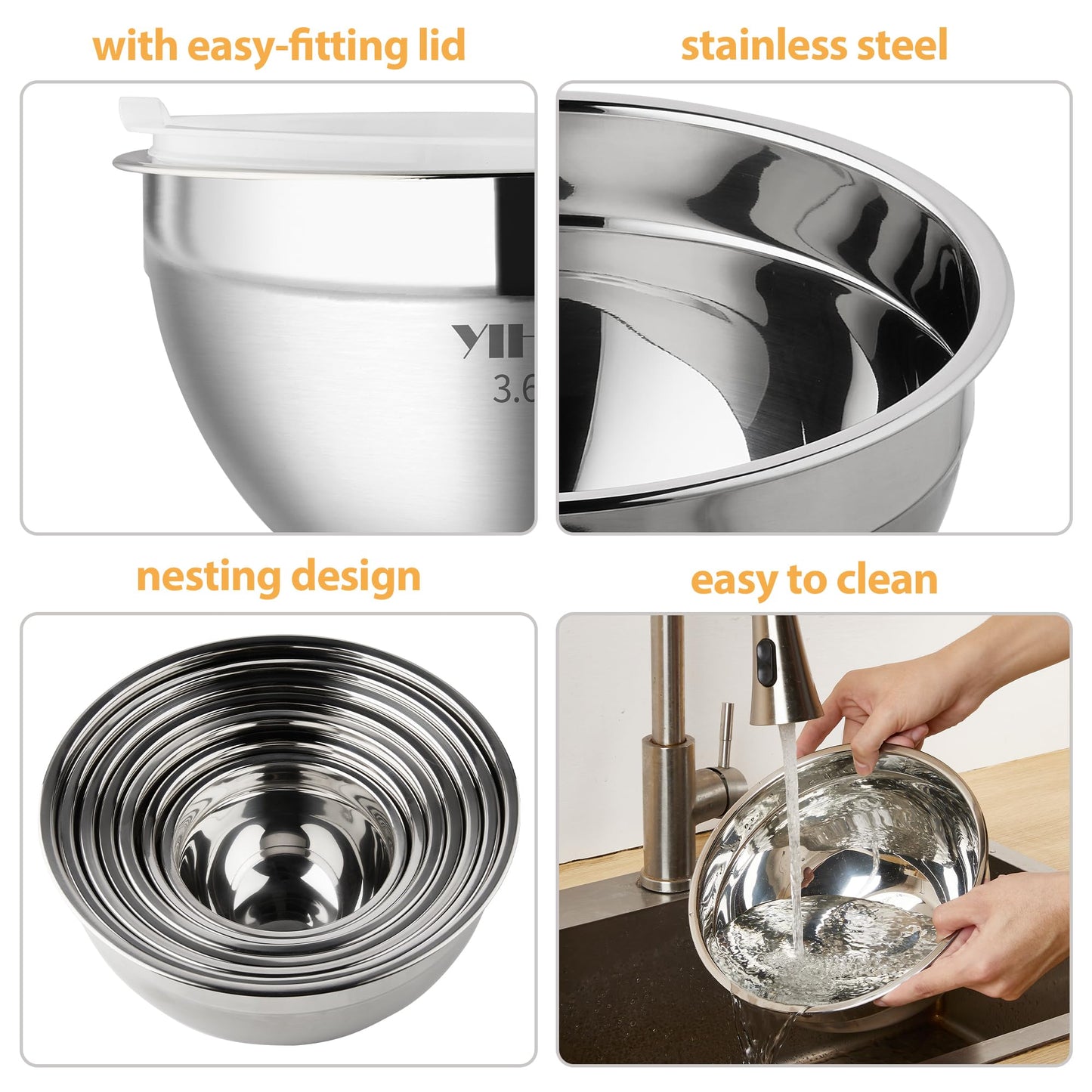 YIHONG Stainless Steel Mixing Bowls Set, 7 Piece Metal Mixing Bowls with Lids Set for Kitchen, Nesting Steel Mixing Bowls Ideal for Baking, Prepping, Cooking, and Serving Food(White)