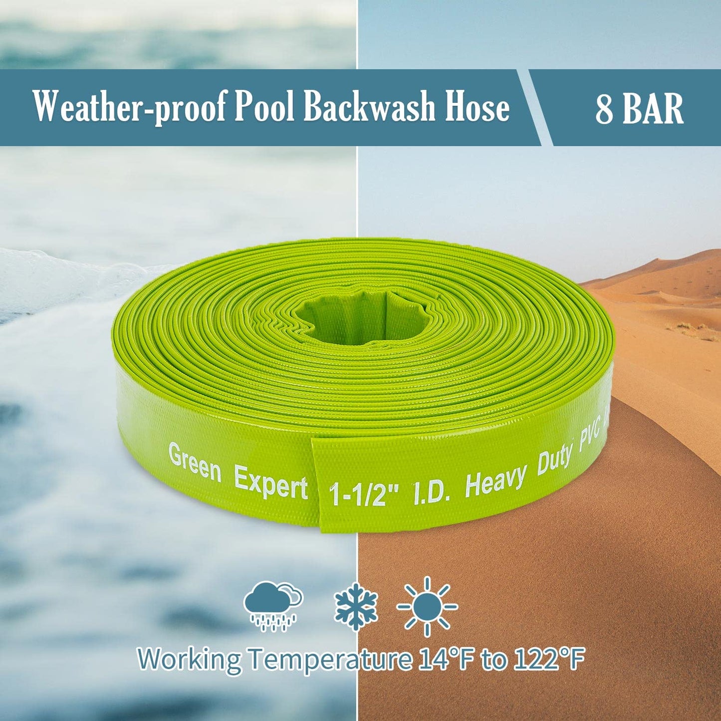 Green Expert 1-1/2" ID PVC Lay-Flat Discharge Hose, Sump Pump Accessory, 100FT Heavy-Duty Pool Backwash & Water Transfer Hose, Steel Clamp Kit Included