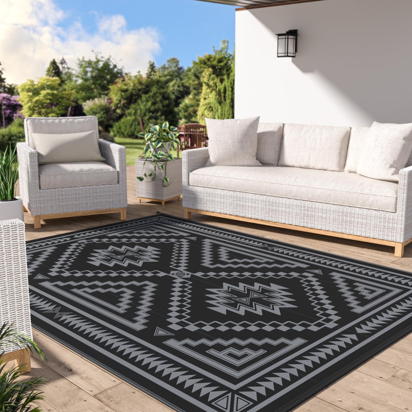 GENIMO Outdoor Rug for Patio Clearance - 6x9 ft Waterproof Plastic Camping Rugs, Reversible Outside Rv Mat Carpet for Porch, Deck, Picnic, Balcony, Beach, Backyard, Black Grey
