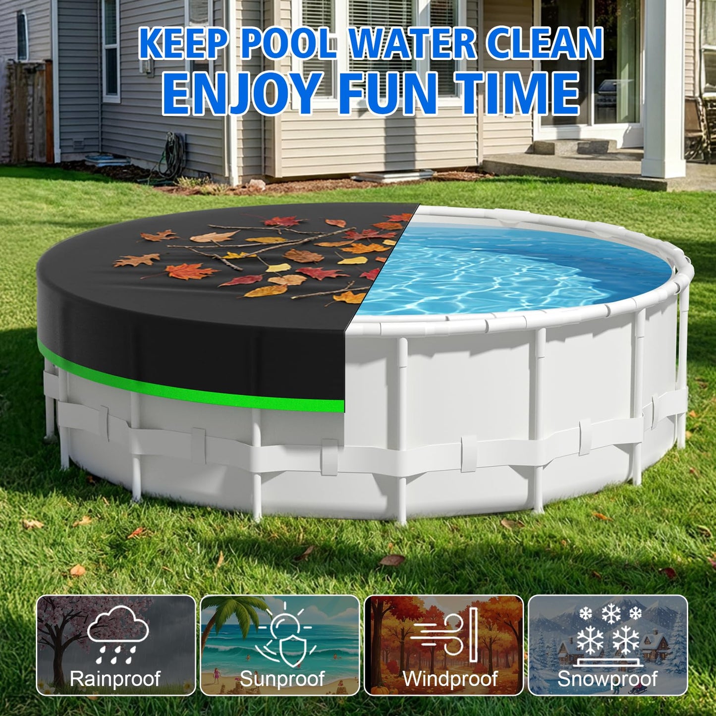 Agricasst 14ft Round Pool Cover, 420D Heavy Duty Above Ground Pool Cover with Sturdy Strap Ratchet Tensioner & Reflective Handles, Enhance Windproof, Side Seamless Tear Resistant, Weather Protection