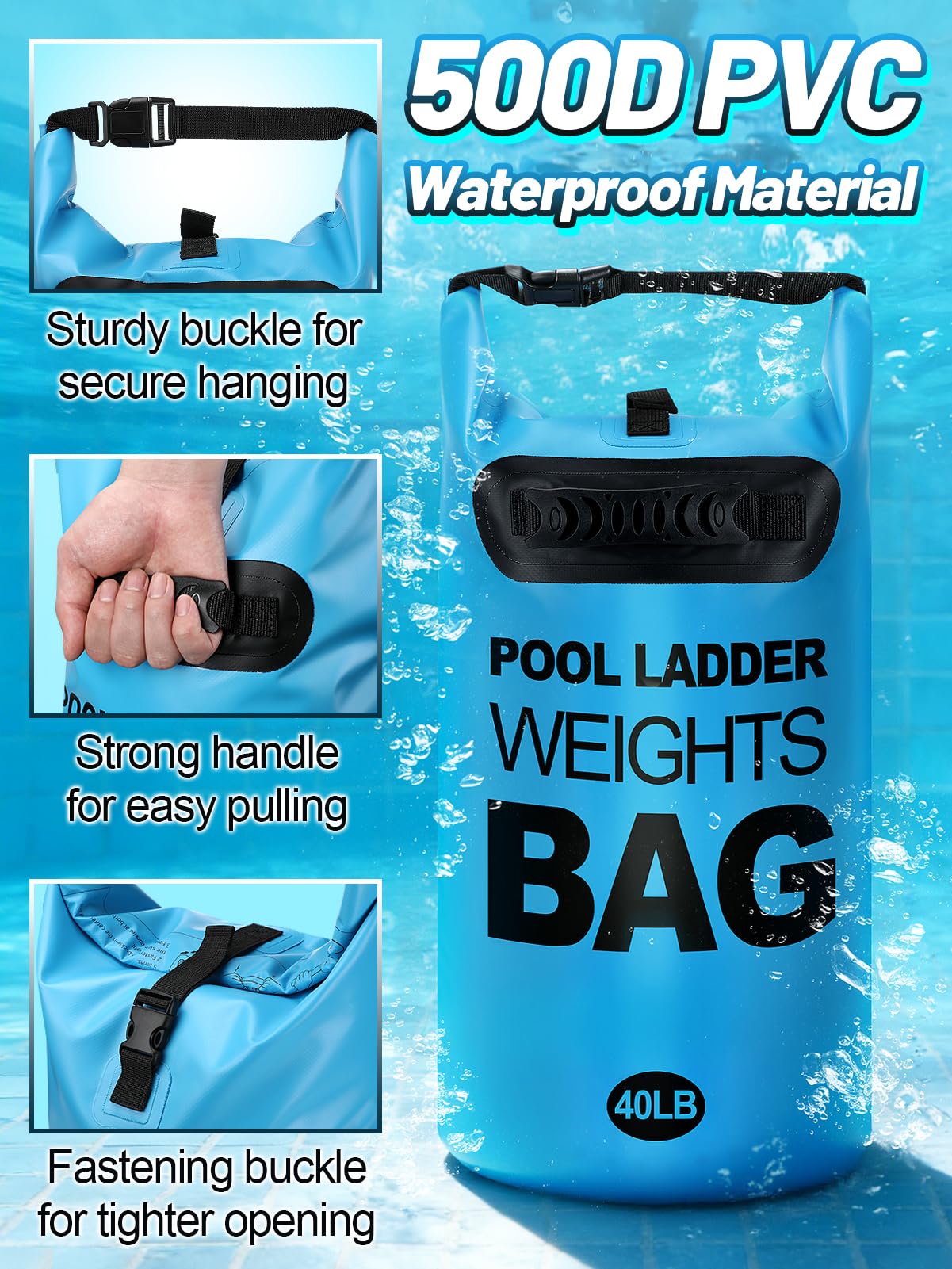 Heavy Duty Pool Ladder Weights - 40lbs Fillable Universal Sand Bags Step Anchors, 500D PVC Waterproof Tear-Resistance Foldable Sandbags for Above Ground Swimming Pools Stair Entry Systems, 2 Pack