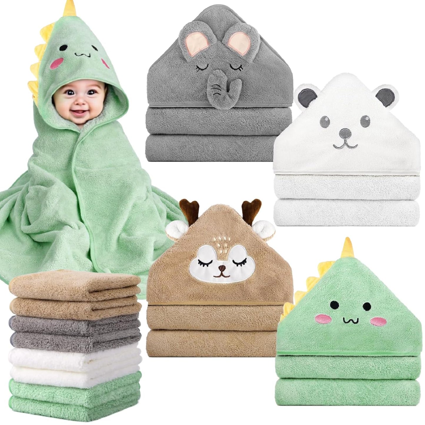 CandyHome 12 PCS Baby Bath Towels Set for Infants Toddlers, 4 PCS Animal Hooded Baby Towels & 8 PCS Washcloths Set, Ultra Absorbent Cute Soft Newborn Bath Essentials Gifts for Boys & Girls