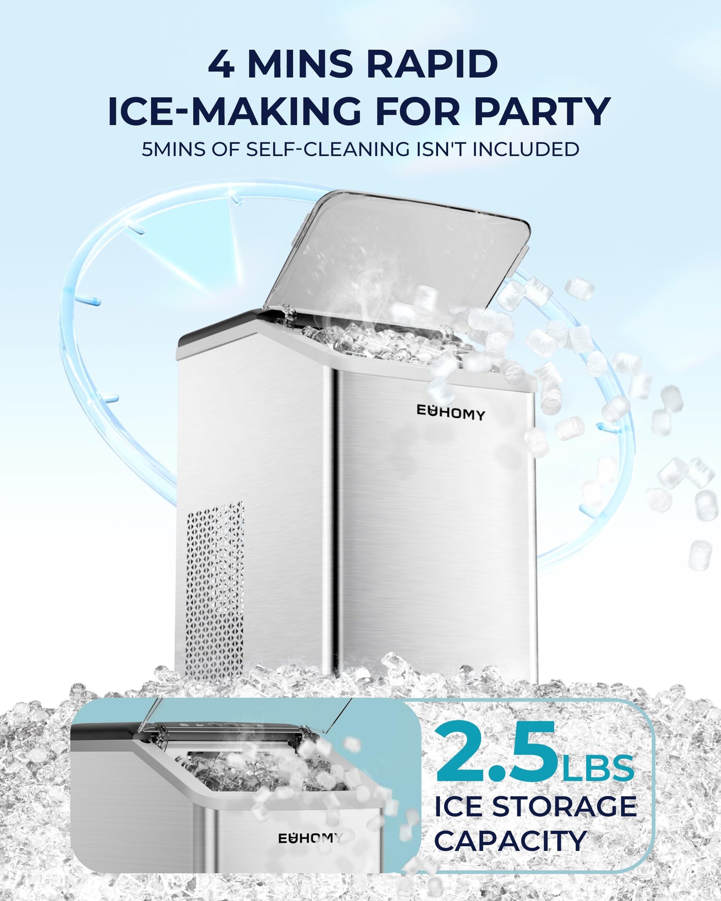 EUHOMY Nugget Ice Maker Countertop, Max 40lbs/Day, Auto-Cleaning, 2Qt Reservoir, Compact Sonic Ice Maker with 2.5lbs Basket and Scoop, Soft Chewable Nugget Ice for Home/Party/RV/Camping (Stainless)