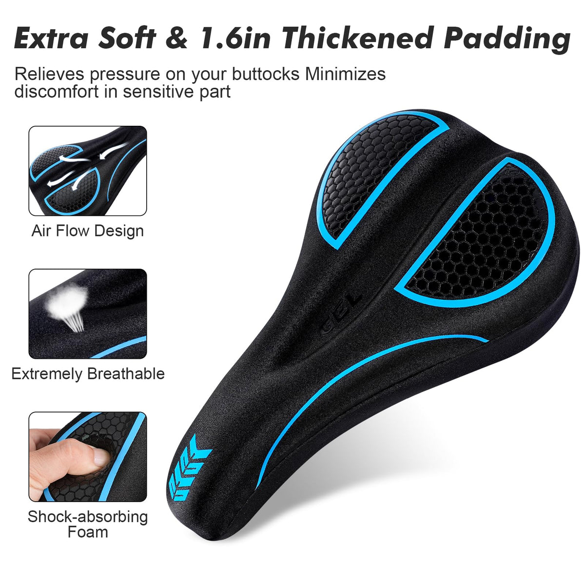 Bike Seat Cushion - Gel Padded Bike Seat Cover for Men Women Comfort, Extra Soft Exercise Bicycle Seat Compatible with Peloton, Outdoor & Indoor with Adjustable Velcro Secure Blue