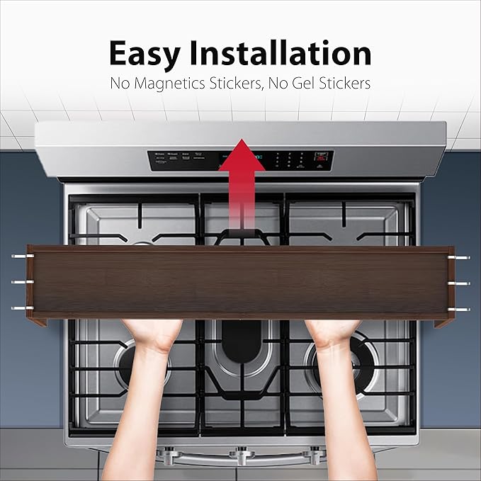 IIIOIIIA Bamboo Over the Stove Spice Rack Organizer Shelf for Kitchen, 31.5" with 6 Hooks, 11.4" Height Extra Storage Countertop, Easy to Assemble, Walnut