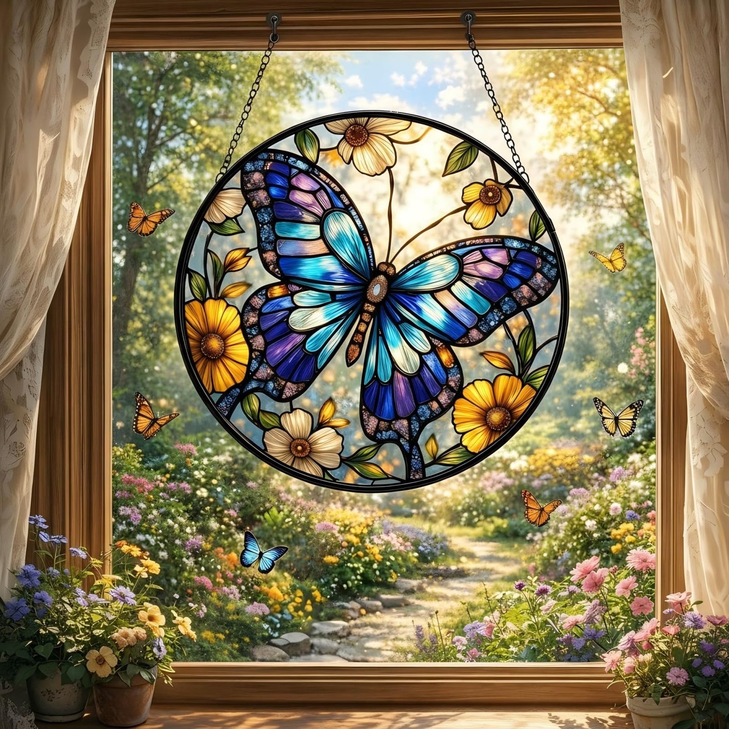 JAWNLITY Butterfly Stained Glass Suncather for Window Hanging, 6.3'' Blue Butterfly Ornament Gift for Women, Nature-Inspired Wall Art Home Decor Gifts for Mom, Grandma, Mother's Day (Blue, 6.3'')