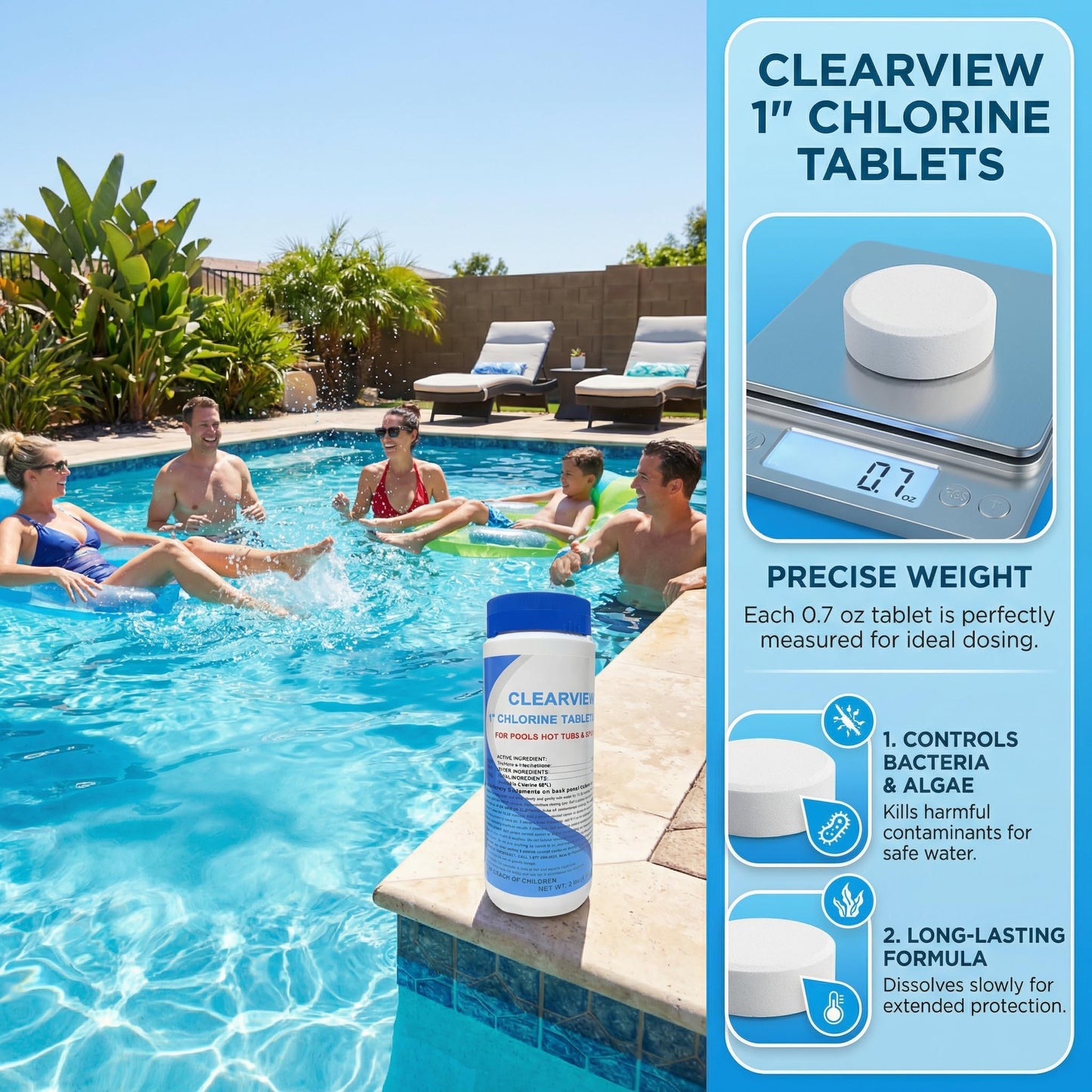 ClearView Stabilized Chlorine Tablets 1 Inch 2 Lbs for Pools, Slow-Dissolving 1" Chlorinating Tablets Sanitizer for Spas and Hot Tubs