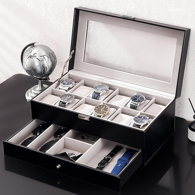 ProCase Watch Box, 12 Slot Mens Watch Case With Drawer, 2-Layer Watch Display Case With Glass Lid, Mens Jewelry Box Storage Holder Organizer, Birthday Valentine Gifts for Men -12Slot, Black