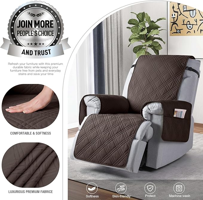 TAOCOCO 100% Waterproof Recliner Chair Covers, Non Slip Recliner Covers for Recliner Chair with Pocket, Washable Reclining Chair Cover Furniture Protector for Kids,Dogs(22'', Chocolate)