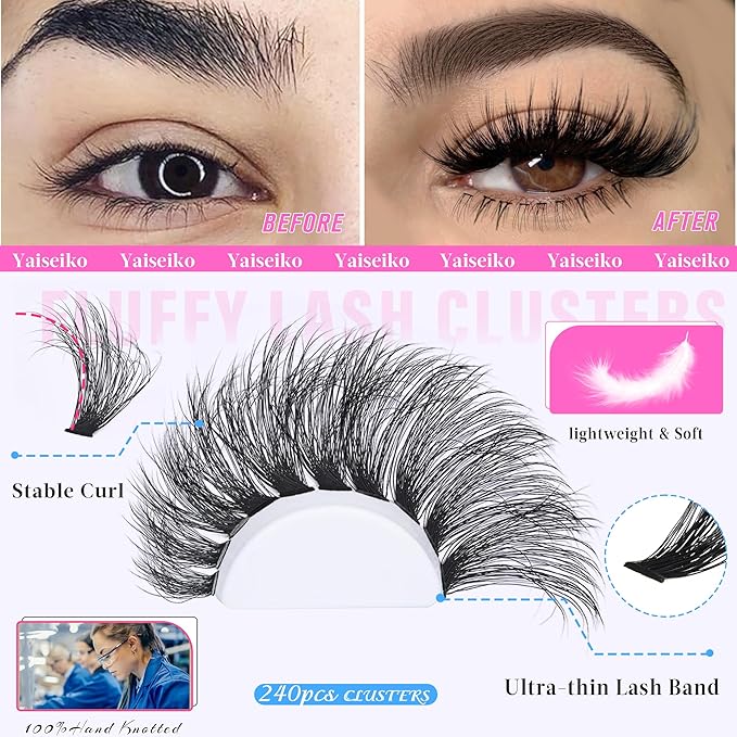 Wispy Lash Clusters 14-22mm Thick Eyelash Clusters D Curl Wispy Individual Lashes 80D Cluster Eyelash Extensions 240pcs Plant Fibers Lashes Clusters DIY Lash Extension, by Yaiseiko