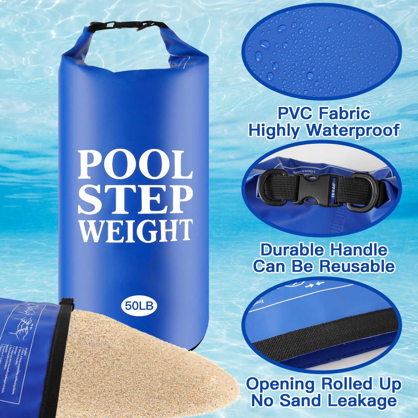 2Pcs Blue Pool Step Weights, 50LB PVC Waterproof Swimming Pool Ladder Weights Sand Bags Foldable Pool Stair Weights for In Ground and Above Ground Pools
