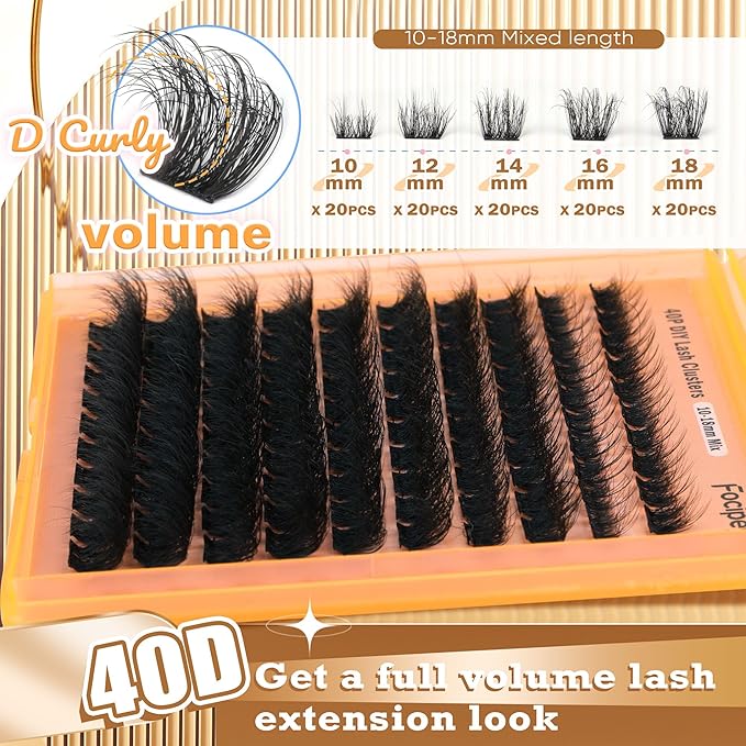 Focipeysa Thick Lash Extension Kit Full Volume Lash Clusters 40P Eyelash Extension Kit DIY Lash Extension Kit with Black Bond and Seal Glue, Lash Applicator DIY at Home for Beginner (40P 10-18MM)