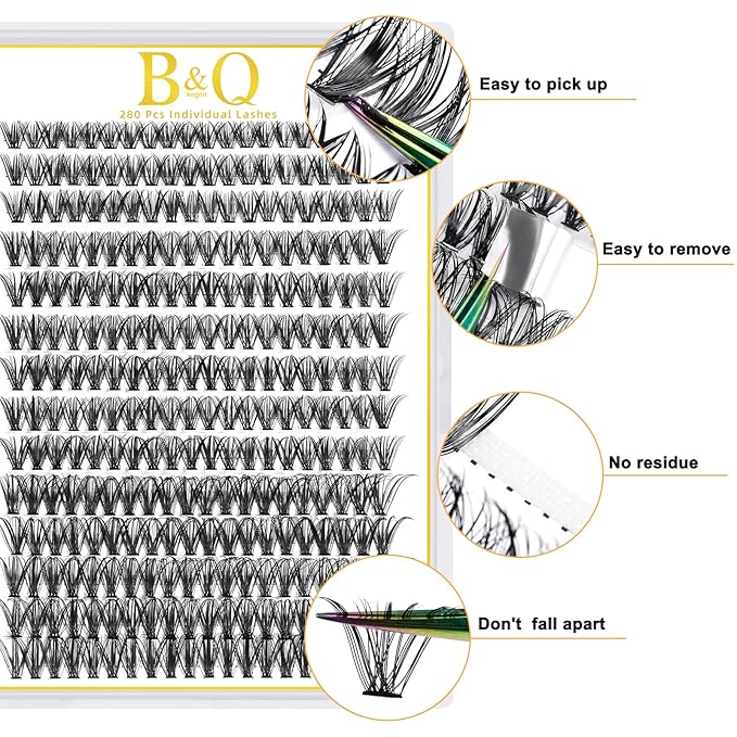 B&Q Lash Clusters 280PCS Natural Eyelash Clusters 40D D 16mm Individual Lash Wispy Eyelash Extension with Soft Thin Band Classic Look Pestañas Postizas Comfortable DIY at Home(40D-D-16mm)